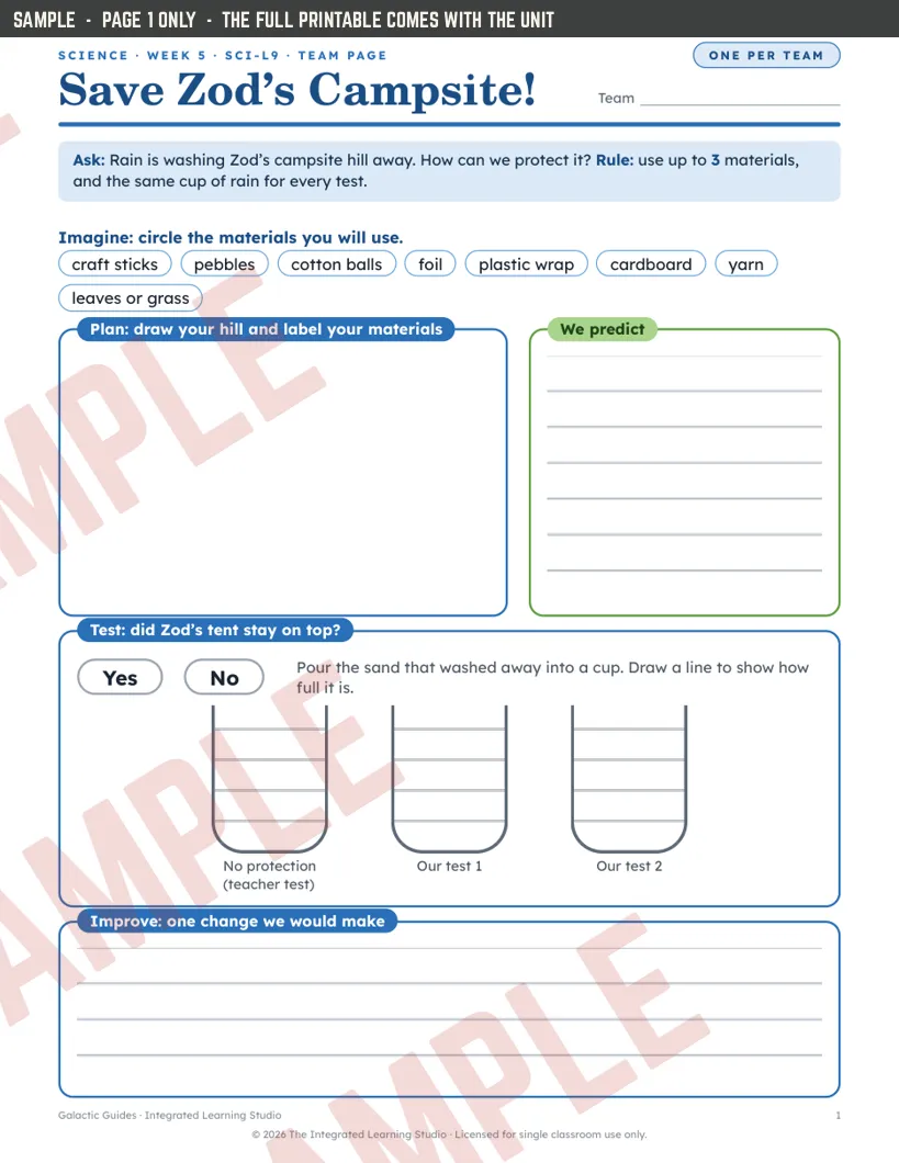 Page 1 of Erosion Challenge Plan and Test, marked sample